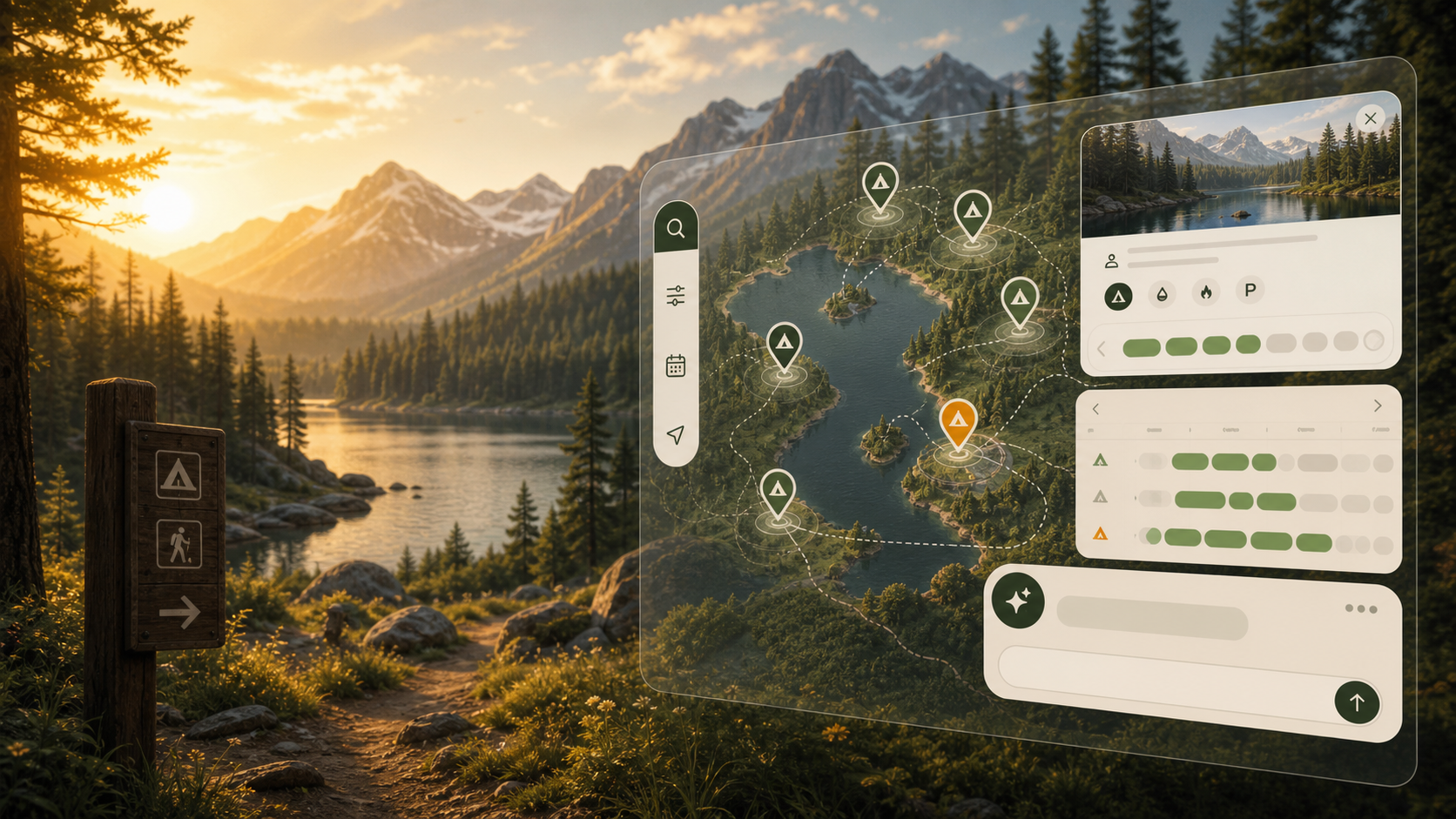 Mountain campsite search interface with availability pins and date windows